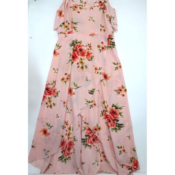 Floral Pink Maxi Dress W/ Ruffle Sleeves & Wrap Hem Pit to Pit 22 inches - Picture 1 of 10